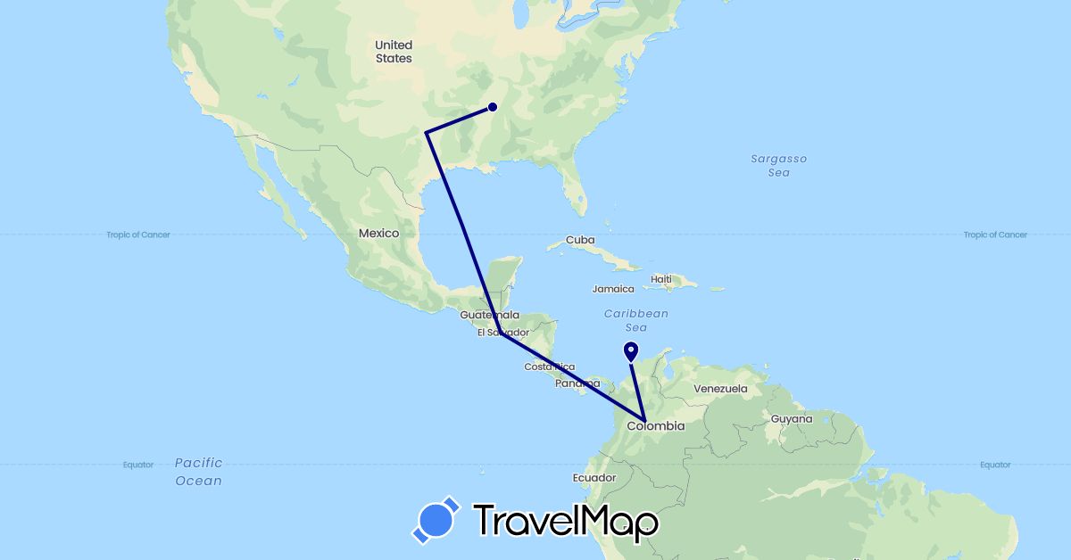 TravelMap itinerary: driving in Colombia, El Salvador, United States (North America, South America)